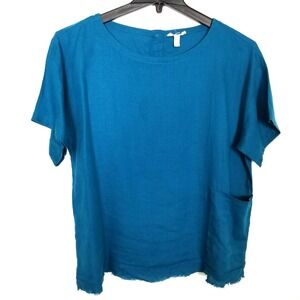 Eileen Fisher Teal Blue Short Sleeve Linen Top